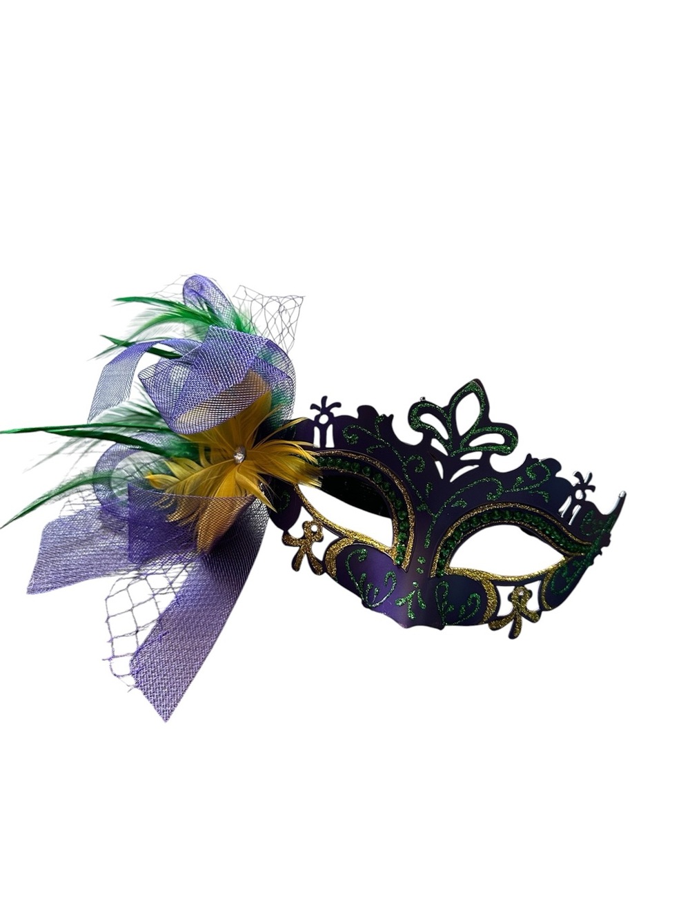 Purple and Green Feathered Masquerade Mask with Gold Accents Mardi Gras